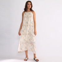 2023年夏季吊带裙子小众度假棉麻系带设计感无袖中长款碎花连衣裙