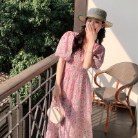 实拍2023法式小众油画风连衣裙女夏季方领泡泡袖度假风碎花长裙潮