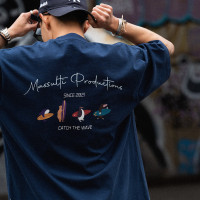 日系復古趣味衝浪童趣印花短袖男潮牌寬鬆休閒簡約情侶半袖上衣夏