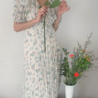 实拍 韩风ins 法式复古褶皱碎花荷叶边一片式绑带收腰连衣裙女装