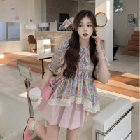 实拍！韩系系带蕾丝花边碎花衬衫减龄复古茶歇小衫女装夏季新款