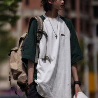 Nobodyknows美式復古學院風情侶拼色插肩袖T恤男女潮牌純棉短袖