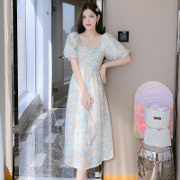 法式方领碎花连衣裙女夏季新款收腰A字裙长款短袖仙女裙子连衣裙
