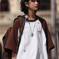 Nobodyknows夏季新款插肩袖字母復古學院風情侶拼色短袖潮寬鬆T恤