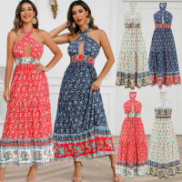 跨境外贸性感复古碎花连衣裙2023夏季修身气质交叉捆绑挂脖长裙子