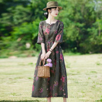 棉麻碎花连衣裙春季2023新款女装气质复古苎麻裙子夏季薄款