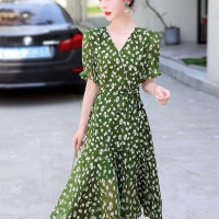 2023碎花连衣裙女时尚气质收腰过膝法式泡泡袖修身显瘦大摆雪纺裙