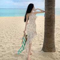 郁金香 花边长款开叉收腰显瘦挂脖碎花度假连衣裙女早春