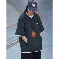 WHAZLAB2023夏季日系復古假兩件短袖T恤棒球領寬鬆印花休閒純色潮