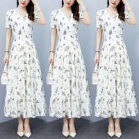 碎花雪纺连衣裙女2023夏季新款V领拼接胖mm收腰显瘦过膝中长裙潮