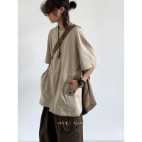 Jiwuus 夏日系復古個性貼袋純色短袖T恤男女生寬鬆百搭口袋Tee潮