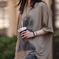 Nobodyknows夏季新款美式復古模糊人物字母純棉情侶印花男短袖t恤