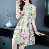 69360十里桃花绿色碎花真丝双绉连衣裙小个子桑蚕丝显瘦系带裙子