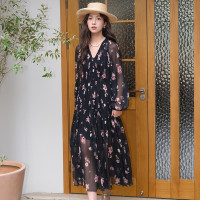 荣太「罗曼蒂克」浪漫碎花v领真丝桑蚕丝连衣裙女+吊带两件套裙子