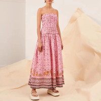 2023夏新款碎花吊带连衣裙法式温柔风方领收腰露背修身打底长裙