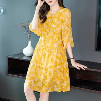 48782春夏新款黄色碎花小个子宽松桑蚕丝裙子印花真丝连衣裙女夏
