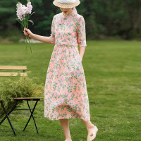 2023夏季新款高端苎麻碎花连衣裙改良式旗袍领文艺田园风树叶印花