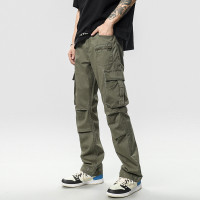 YOA美式復古軍綠色工裝褲男春秋款寬鬆直筒休閒褲子潮牌闊腿長褲