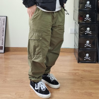 23春夏寬日系純棉經典軍工雙褶大兜寬鬆直筒束腳工裝褲男休閒褲子