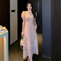 2023夏季新款法式田园V领泡泡袖碎花雪纺收腰显瘦长款连衣裙