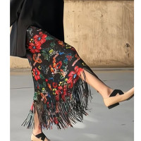 复古百褶裙干枯玫瑰中古流苏百搭碎花半身裙23新款花卉半身裙