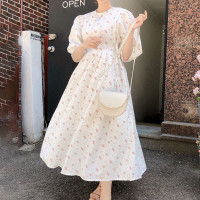 韩国chic夏季法式浪漫圆领褶皱系带设计收腰泡泡袖碎花连衣裙长裙