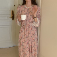 韩国chic春季法式浪漫圆领拼接蕾丝满屏碎花系带收腰喇叭袖连衣裙