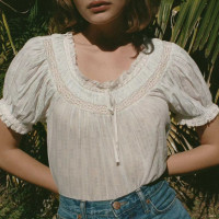 美系DO2023春夏新款碎花泡泡袖衬衣蕾丝拼接圆领系带短袖女31265