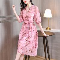 雪纺连衣裙女2023夏季新款时尚甜美减龄V领粉色碎花中长款裙子