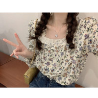 方领衬衫春季法式新款泡泡袖碎花小衫短款气质显瘦上衣女潮可代发