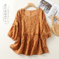 复古日系棉麻碎花衬衫女2023夏季宽松遮肚子显瘦下摆荷叶边娃娃衫