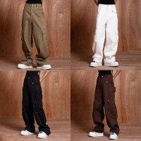 CLP多色金屬扣設計多口袋工裝褲休閒褲男寬鬆直筒闊腿束腳牛仔褲