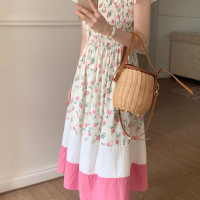 实拍 2023 韩国chic 清新撞色碎花松紧连衣裙
