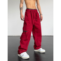 美式復古街頭嘻哈紅色工裝褲高街設計感直筒闊腿休閒褲子潮ins