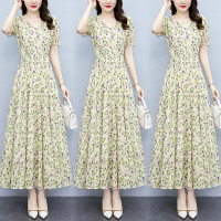 碎花雪纺连衣裙女2023夏季新款时尚C领胖mm收腰显瘦过膝中长裙潮