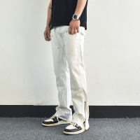 歐美高街vibe風拉鍊開叉微喇叭休閒褲寬鬆白色美式潮牌工裝褲子男