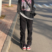 高街衛褲男鈕釦開叉休閒褲高街排扣褲黑色寬鬆顯瘦直筒運動長褲潮