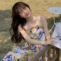 油画碎花连衣裙女夏新款小个子设计感小众法式气质海边度假吊带裙