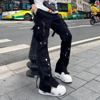 潑墨褲腳拉鍊喇叭vibe風工裝褲大口袋機能戰術綁帶休閒褲顯瘦男女
