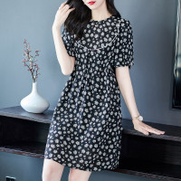 高档中年妈妈装46704黑色碎花真丝裙子气质显瘦短袖桑蚕丝连衣裙