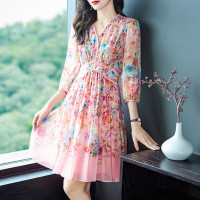 78028双绉真丝碎花连衣裙温柔风七分袖桑蚕丝印花修腰裙子夏季女