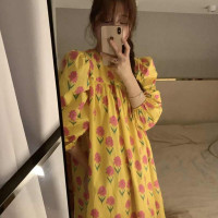 韩国chic春季法式复古圆领满屏碎花设计宽松休闲泡泡袖连衣裙长裙
