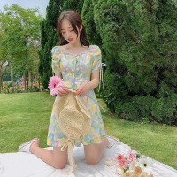 2023夏季新款裙子女装短袖气质高腰a字法式绿色方领碎花连衣裙