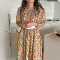 韩国chic夏季法式宫廷风一字领露肩两穿满屏碎花收腰泡泡袖连衣裙