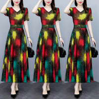 2023夏季新款高档碎花雪纺连衣裙长款大码胖mm收腰显瘦遮肚子长裙