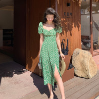 法式收腰长裙泡泡袖方领碎花连衣裙夏女修身显瘦小个子开叉茶歇裙