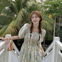 实拍~韩风chic 小众茶歇褶皱方领一字肩高腰碎花中长款连衣裙