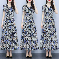 短袖连衣裙2023年夏季新款雪纺V领大码胖mm收腰显瘦遮肚碎花长裙