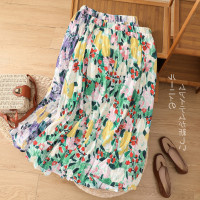 高腰褶皱碎花半身裙女2023早春新款宽松菱格气质温柔风印花中长裙