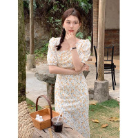 沐易花 2023夏季新款女装不规则领小心机裙子短袖雪纺碎花连衣裙